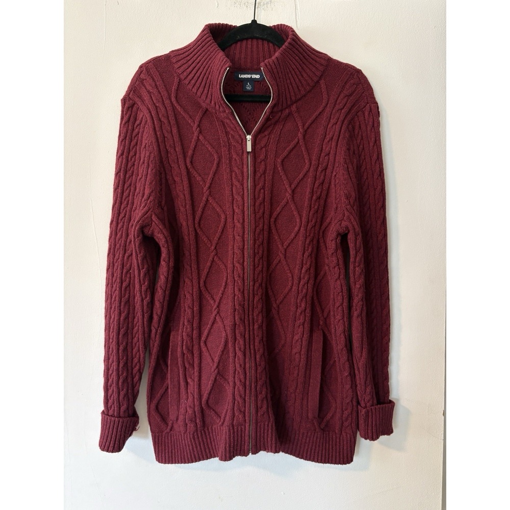 Lands End Cable Knit Cardigan Mock Neck Full Zip Womens Large Burgundy Fisherman